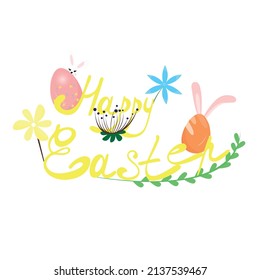 lindo dibujo a mano HAPPY EASTER ilustración vectorial, plantilla de tarjeta.Flores de primavera con conejito de Pascua y huevos coloridos sobre fondo blanco