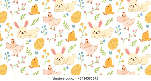 Cute hand drawn Happy Easter seamless pattern with bunny and chicken. Background with flowers, easter eggs, rabbit, hen and leaves. Flat vector illustration.  Spring pattern for banners, posters.