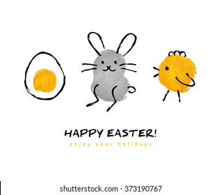 Cute hand drawn Happy Easter greeting card. Vector illustration. Egg, bunny rabbit, chicken. Child drawing imitation. Ink strokes.