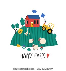 Cute hand drawn Happy Farm. Vector illustration in Scandinavian style with animals, countryside, geese, sheep, trees, houses, tractor. Village landscape. Good for posters, t shirts, postcards.