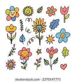 Cute hand drawn happy flowers. Doodle. Funny faces. Floral design elements. Outline. Vector illustration