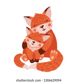 Cute hand drawn happy fox family isolated on white background. Forest animal. Mother day. Vector illustration.