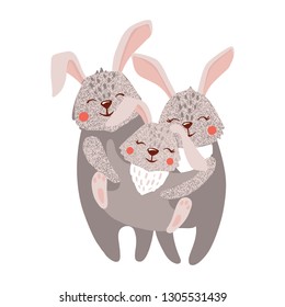 Cute hand drawn happy hare family isolated on white background. Forest animal. Mother, father and baby bunny. Vector illustration.