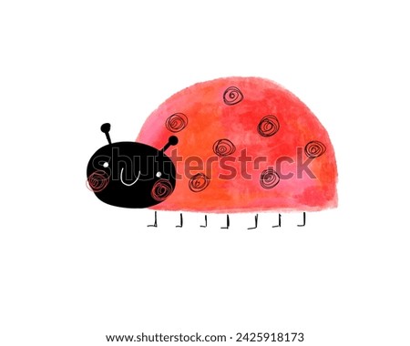 Cute Hand Drawn Happy Ladybug. Lovely Nursery Art with Funny Ladybird on a White Background. No text. RGB. Simple Vector Illustration with Ladybug ideal for Card, Wall Art, Kids' Room Decoration.