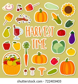 Cute hand drawn harvest set. Decoration of fall season. These elements are perfect for scrapbooking paper, decoration of themed seasonal postcards and also for the harvest festival decoration.