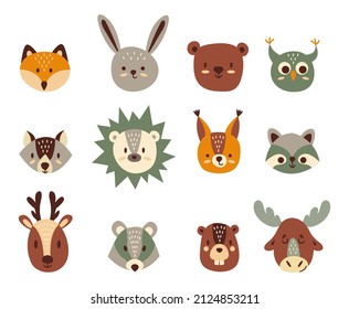 Cute hand drawn heads of forest animals. Raccoon, badger, elk, deer, owl, beaver, Fox, hare, bear, wolf, hedgehog, squirrel. White background, insulator. Vector illustration.