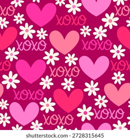 Coração desenhado à mão bonito, flor de margarida e palavra "xoxo" design de padrão sem costura para o fundo do Dia dos Namorados.
