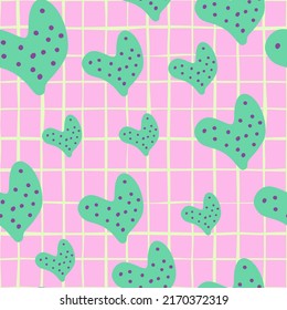 Cute hand drawn heart seamless pattern. Valentine's day card wallpaper. Naive art. Design for fabric, textile print, wrapping, wedding invitation, cover. Vector illustration