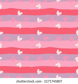 Cute hand drawn heart seamless pattern. Valentine's day card wallpaper. Naive art. Design for fabric, textile print, wrapping, wedding invitation, cover. Vector illustration