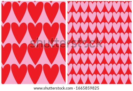 Cute Hand Drawn Heart Seamless Vector Pattern. Red Hearts Isolated on a Light Pink Background. Tiny Pink Heart on a Red Layout. Funny Infantile Style Romantic Print for Fabric, Textile, Valentines.
