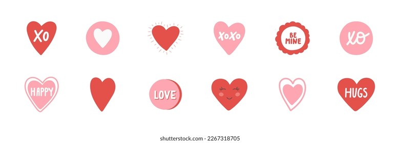 Cute hand drawn heart set. Love, xoxo hand lettering. Doodle hearts label. Valentines Day card. Romantic wallpaper design with symbol of love. Social media template. Vector illustration.