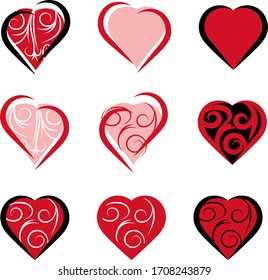 Cute hand drawn hearts icon vector set
