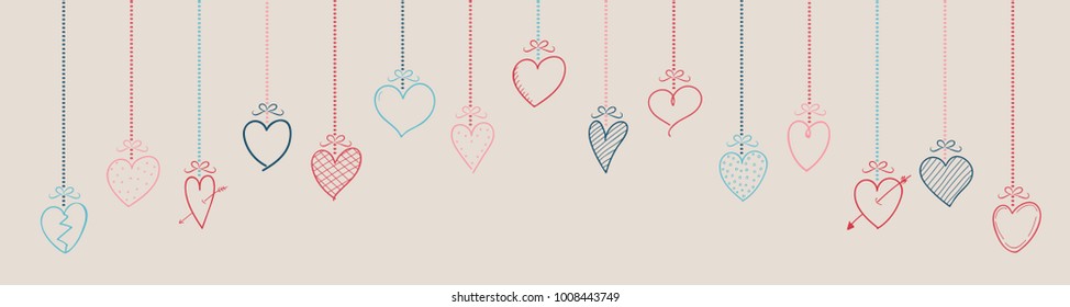 Cute hand drawn hearts - panoramic header. Vector.