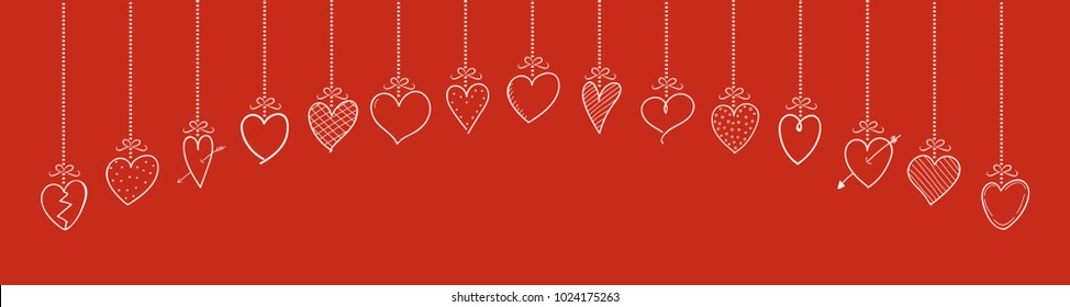 Cute hand drawn hearts - panoramic banner. Valentine's Day, Mother's Day and Women's Day decoration. Vector.