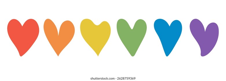 Cute hand drawn hearts in rainbow colors. Lgbtq heart love symbol. Fun modern illustration for stickers, t-shirts, cards, equality themes, banner, pride month event