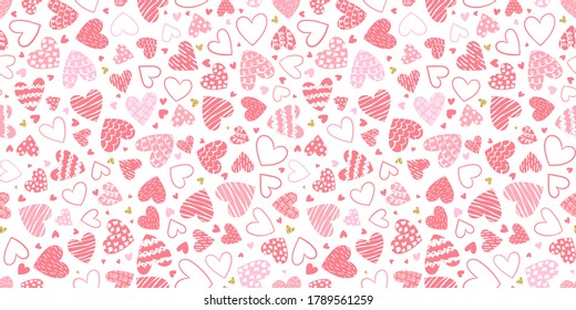 Cute hand drawn hearts seamless pattern, lovely romantic background, great for Valentine's Day, Mother's Day, textiles, wallpapers, banners  - vector design