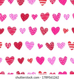 Cute hand drawn hearts seamless pattern, lovely romantic background, great for Valentine's Day, Mother's Day, textiles, wallpapers, banners  - vector design