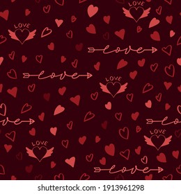 Cute hand drawn hearts seamless pattern, lovely romantic background, great for Valentine's Day, Mother's Day, textiles, wallpapers, banners - vector design in dark background.