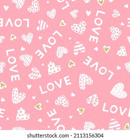 Cute hand drawn hearts seamless pattern, lovely romantic background, great for Valentine's Day, Mother's Day, textiles, wallpapers, banners  - vector design
