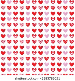 Cute hand drawn hearts seamless pattern, lovely romantic background, great for Valentine's Day.