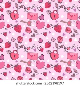 Cute hand drawn hearts shape seamless pattern, Valentines concept with lovely romantic background, suitable for fabrics, textiles, gift wrapping, wallpaper, 