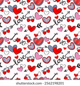 Cute hand drawn hearts shape seamless pattern, Valentines concept with lovely romantic background, suitable for fabrics, textiles, gift wrapping, wallpaper, 