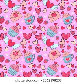 Cute hand drawn hearts shape seamless pattern, Valentines concept with lovely romantic background, suitable for fabrics, textiles, gift wrapping, wallpaper, 