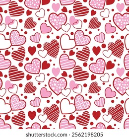 Cute hand drawn hearts shape seamless pattern, Valentines concept with lovely romantic background, suitable for fabrics, textiles, gift wrapping, wallpaper, 