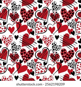 Cute hand drawn hearts shape seamless pattern, Valentines concept with lovely romantic background, suitable for fabrics, textiles, gift wrapping, wallpaper, 