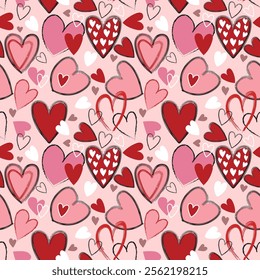 Cute hand drawn hearts shape seamless pattern, Valentines concept with lovely romantic background, suitable for fabrics, textiles, gift wrapping, wallpaper, 