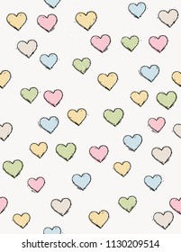 Cute Hand Drawn Hearts Vector Pattern. Colorful Hearts Vector Design. Black Sketch Outline.Multicolor Hearts on a Light Beige Background.Childish Style Illustration.Love Symbol.Valentine's Day Layout.