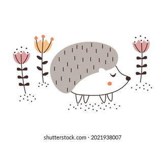 Cute hand drawn hedgehog among the flowers. Scandinavian style hedgehog character. Wild forest animal on white isolated background. Vector illustration in a flat style.