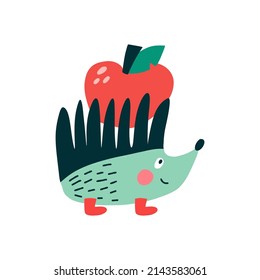 Cute hand drawn hedgehog with apple isolated on white background. Woodland spiny animal character in scandinavian style. Flat vector illustration.