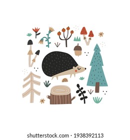 Cute hand drawn hedgehog and doodle forest plants isolated on white background. Pine tree, mushrooms, flowers, tree stump. Woodland spiny animal character in scandinavian style. Flat vector clip art