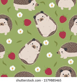 Cute hand drawn hedgehog with strawberry and daisy seamless pattern 