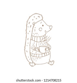 Cute hand drawn hedgehog in sweater with cup of cocoa. Merry Christmas and Happy New Year background. Winter holidays card. Illustration of cartoon woodland animal. Xmas design for kid decoration.
