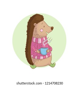 Cute hand drawn hedgehog in sweater with cup of cocoa. Merry Christmas and Happy New Year background. Winter holidays card. Illustration of cartoon woodland animal with mug of hot drink. Xmas design.