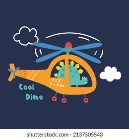 cute hand drawn helicopter and cartoon dinosaur