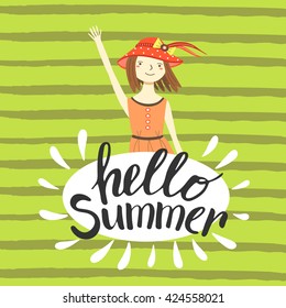 Cute hand drawn hello summer card, postcard, cover with girl. Girl in hat with brown hair, in summer dress. Hello summer background, banner. Hello summer lettering quote