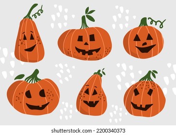 Cute hand drawn helloween pumpkins. Helloween pumpkins vector icons big set. Vector illustration for icon, logo, print, icon, card, emblem, label