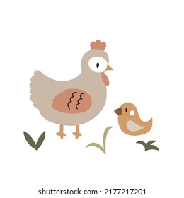 Cute hand drawn hen with chick. Funny vector illustration isolated on white background for your design