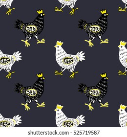 Cute hand drawn hen in seamless pattern in Vector. Animal background with doodle domestic birds hen or rooster. Funny hen seamless background in black and white, gray and yellow colors. Hen for design