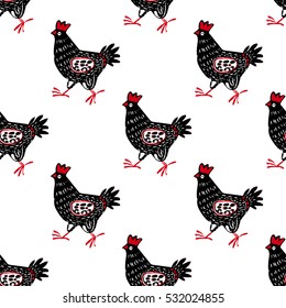Cute hand drawn hen in seamless pattern in Vector. Animal background with domestic birds hen or rooster. Funny hen seamless background in black and white and red colors. Hen for design