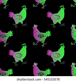 Cute hand drawn hen in seamless pattern in Vector. Animal background 