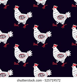 Cute Hand Drawn Hens In Seamless Pattern In Vector. Animal Background With Doodle Domestic Birds Hens Or Roosters. Funny Hen Seamless Background In Black And White And Red Colors. Year Of Rooster