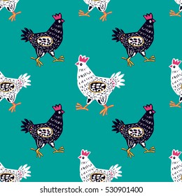 Cute hand drawn hens in seamless pattern in Vector