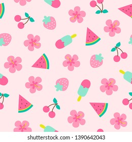 Cute hand drawn hibiscus, fruits and popsicle elements seamless pattern on pink background.