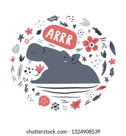 Cute hand drawn hippo character with decorative floral elements. Travel greeting card, print for t-shirts