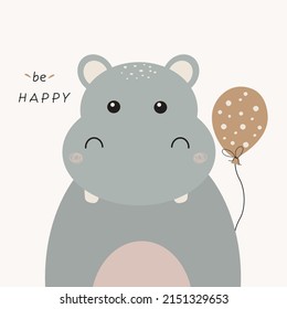 Cute hand drawn hippo. Decor nursery funny animal. Kids print in Scandinavian style. Cartoon hippo wants to be happy. Wall art baby. Vector illustration for textiles, stickers, pajamas, posters.