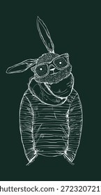 Lindo conejo hipster dibujado a mano con gafas y bufanda. Personaje de conejito de moda en ropa casual. Ilustración vectorial de estilo de boceto para carteles, ropa, impresiones, pegatinas, marca.